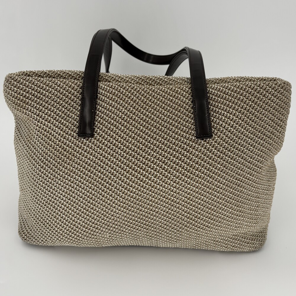 Stone Mountain Vintage Woven Knit Shoulder Bag Tote Tan Brown Leather Base 90s